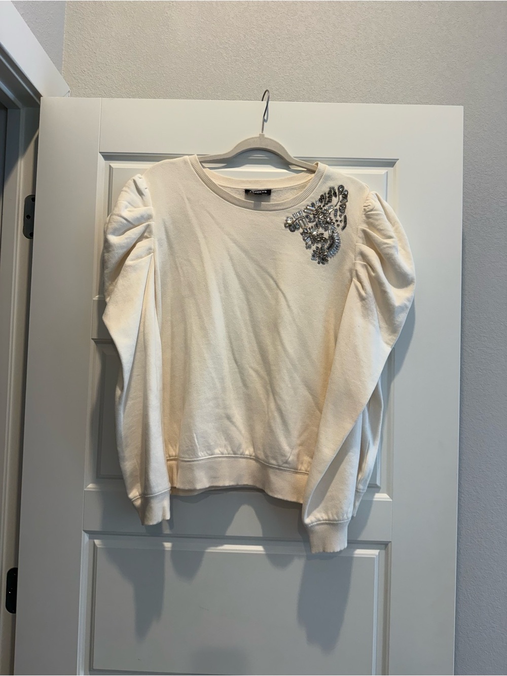 Express Cream Puff-Sleeve Sweatshirt with Jeweled Shoulder